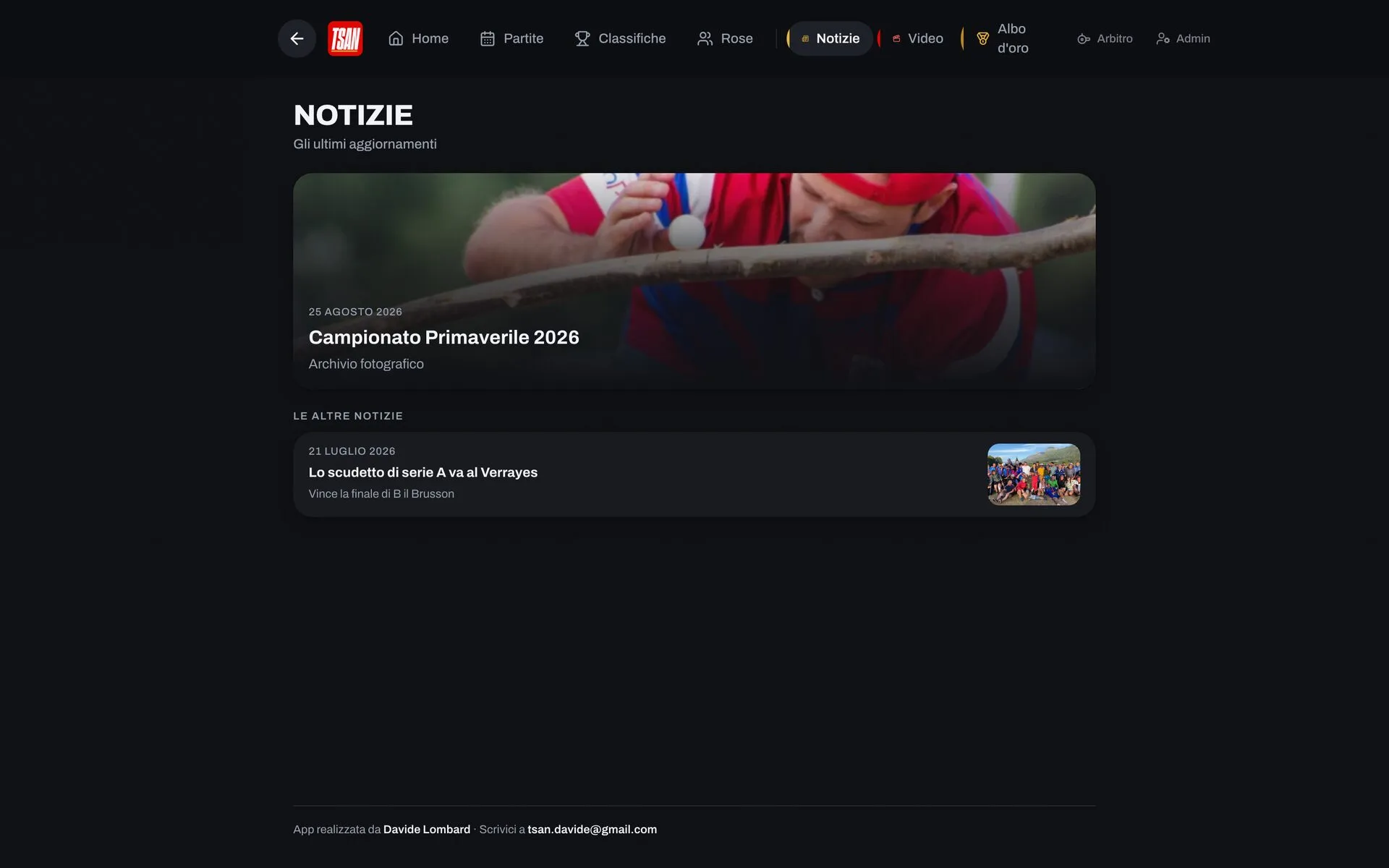 La sezione notizie dell’app TSAN con l’articolo in evidenza e l’archivio fotografico