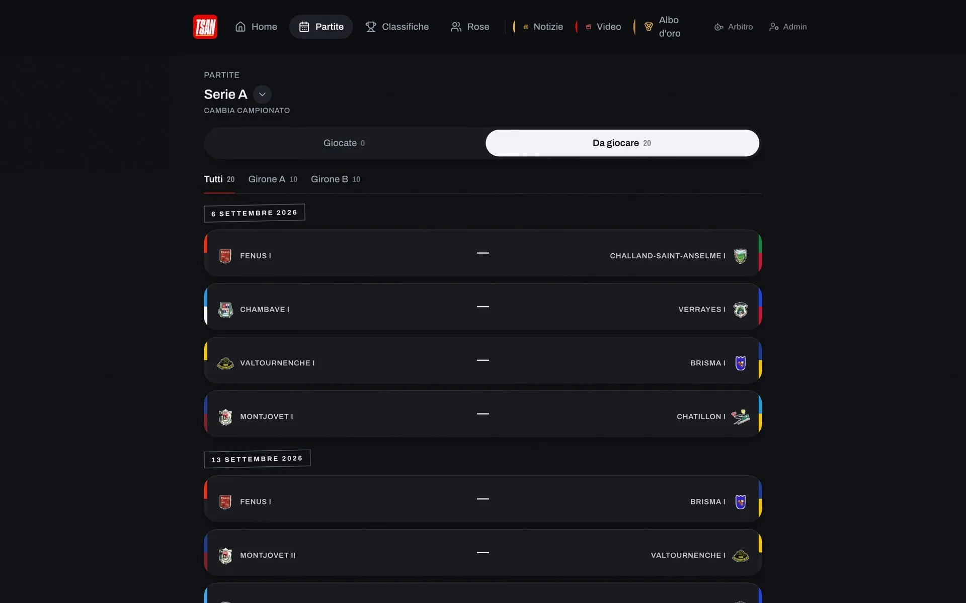 Il calendario di Serie A nell’app TSAN, con i filtri per girone e per partite giocate o da giocare